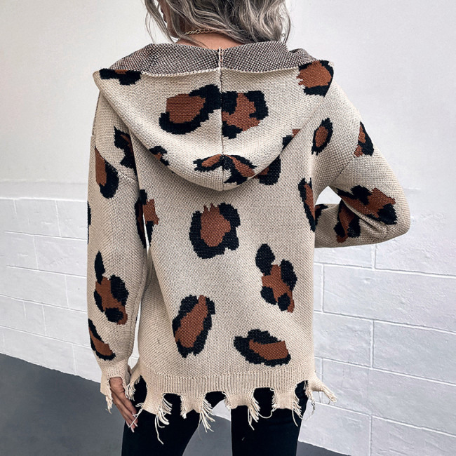 Women's Sweater Leopard Printed Ripped Hoodie Front Pocket Sweater