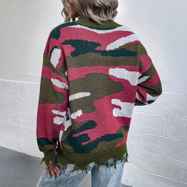 Women's Sweater Ripped V-Neck Long Sleeve Camouflage Sweater