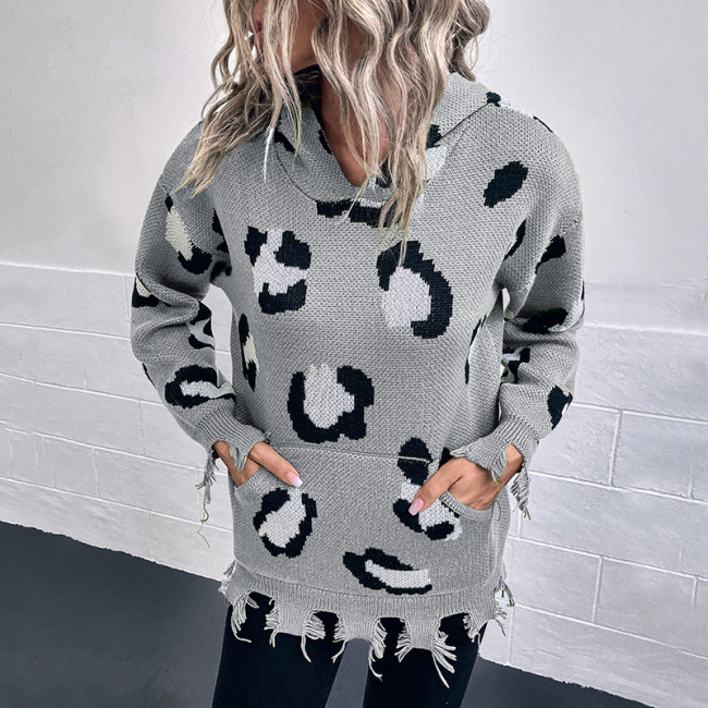 Women's Sweater Leopard Printed Ripped Hoodie Front Pocket Sweater