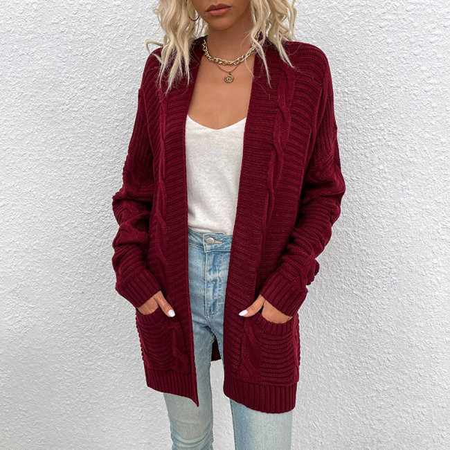 Women's Cardigan Twist Knitted Open Front Long Sleeve Sweater Cardigan with Pocket