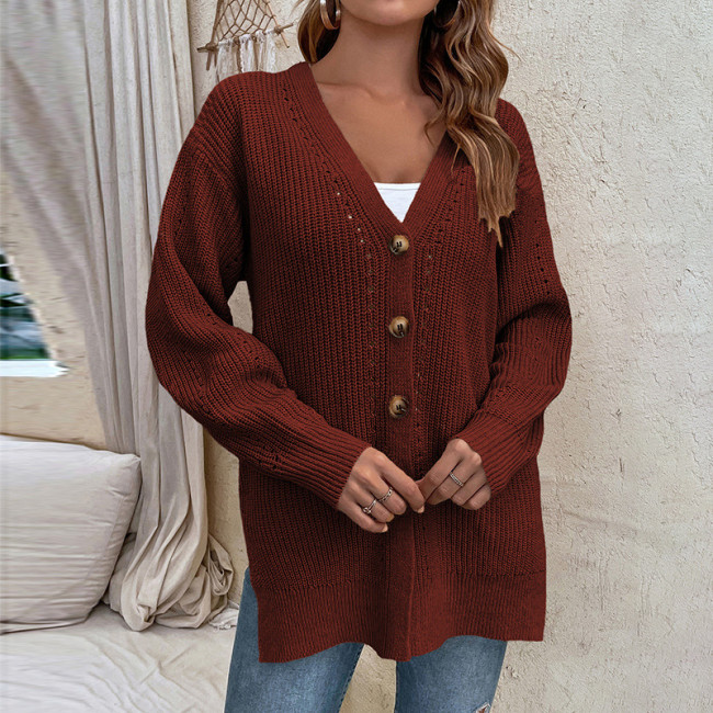 Women's Cardigan Open Front Button Long Sleeve Hollow Out Sweater Cardigan with Pocket