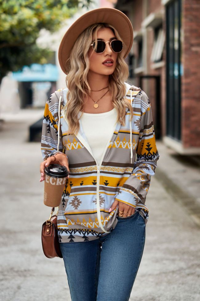 Women's Cardigan Western Style Aztec Tribal Pattern Hoodie Long Sleeve Lightweight Zipped Up Cardigan