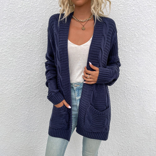 Women's Cardigan Twist Knitted Open Front Long Sleeve Sweater Cardigan with Pocket