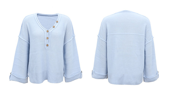 Women's Sweater V-Neck Button Bat Long Sleeve Loose Knit Sweater