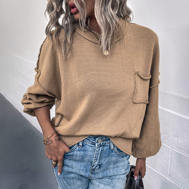 Women's Sweater Crew-Neck Long Sleeve Loose Knit Sweater with Front Pocket