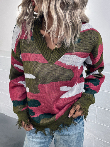 Women's Sweater Ripped V-Neck Long Sleeve Camouflage Sweater