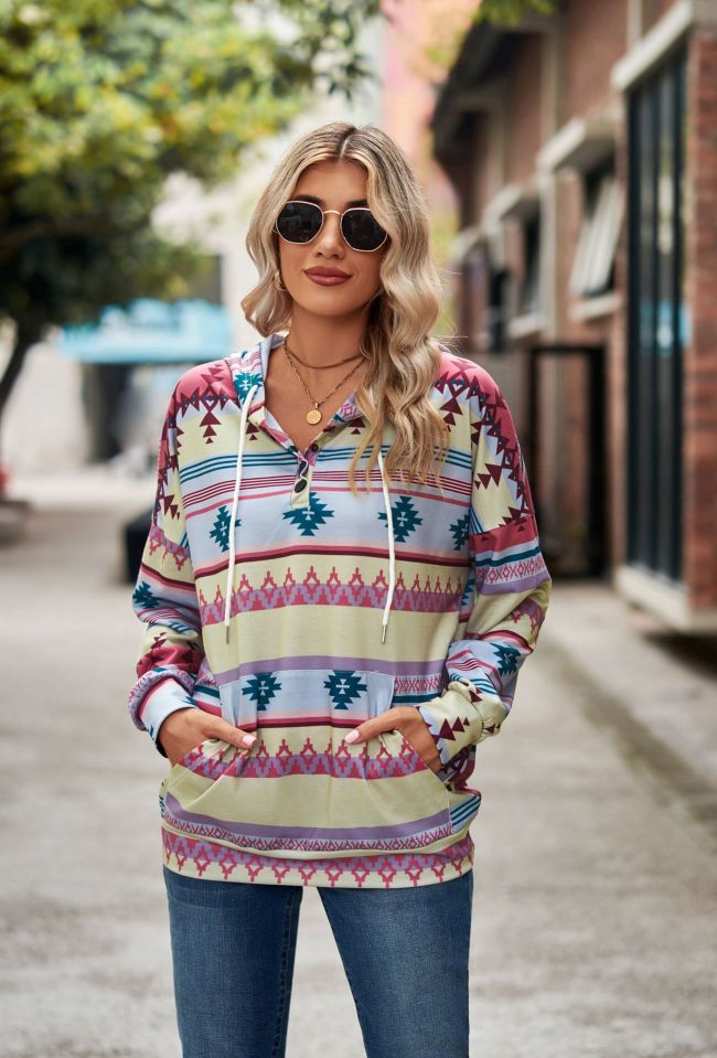 Women's Hoodie Western Style Aztec Tribal Pattern Hoody Long Sleeve Sweatshirt