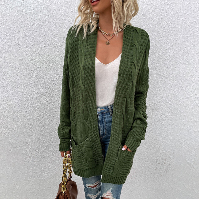 Women's Cardigan Twist Knitted Open Front Long Sleeve Sweater Cardigan with Pocket