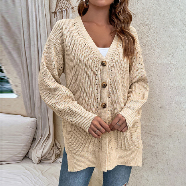 Women's Cardigan Open Front Button Long Sleeve Hollow Out Sweater Cardigan with Pocket