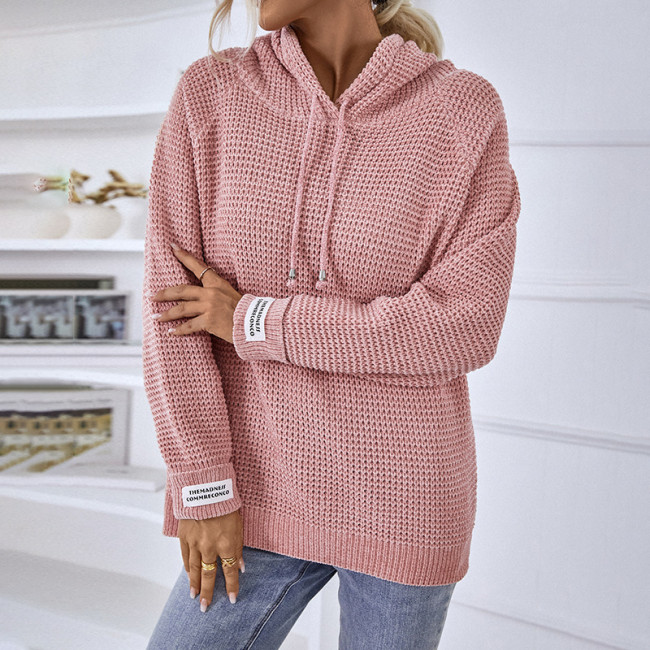 Women's Hooded Drawstring Sweater Casual Loose Knitted Sweater
