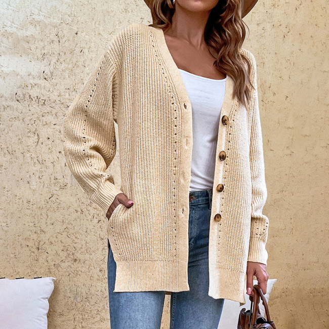 Women's Cardigan Open Front Button Long Sleeve Hollow Out Sweater Cardigan with Pocket