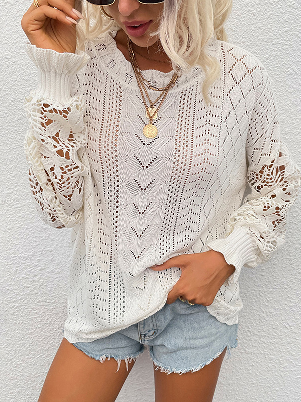Women's Sweater Hollow Out Lace Floral Style Knitted Crew Neck Long Sleeve Sweater