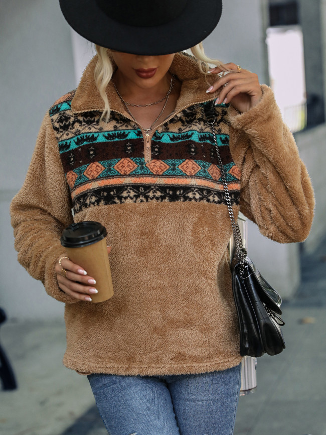Women's Sweatshirt Geometric Print Zipped Up Stand Collar Long Sleeve Soft Comfy Fuzzy Sweatshirt