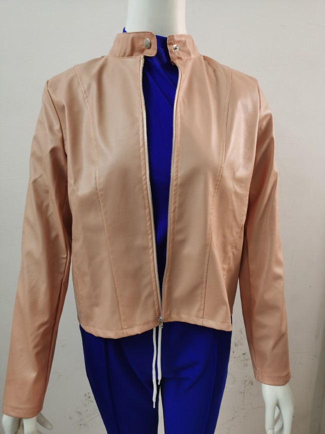Easy Fit Full Zipper Solid Color Faux Leather Jackets