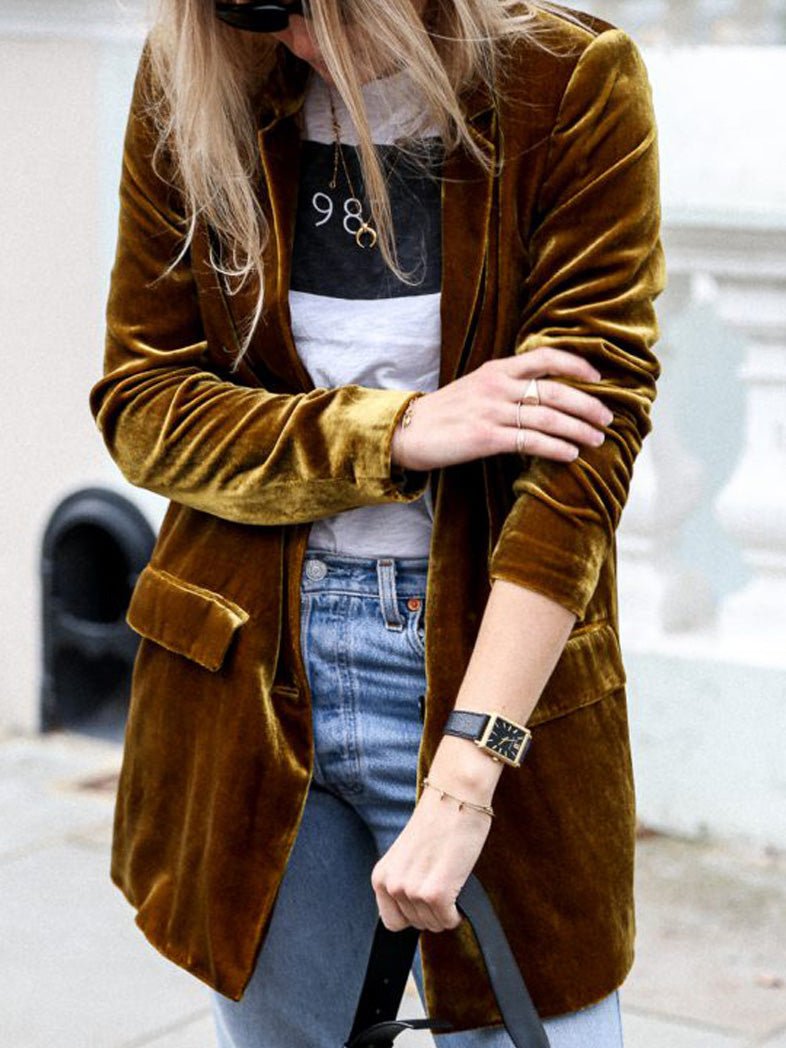 US$ 43.99 - Women's Blazers Solid Gold Velvet Long Sleeve Casual Blazer ...