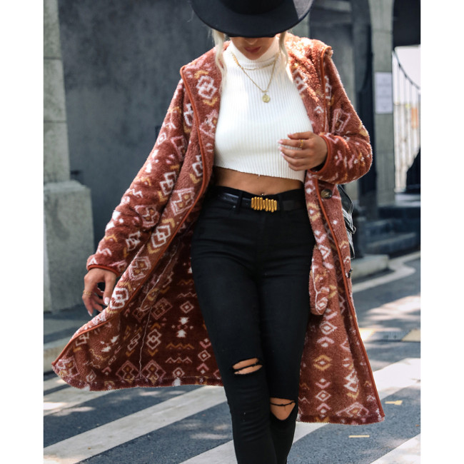 Geometric Print Single Breasted Oversized Hooded Long Sleeve Soft Aztec Jacket Coat