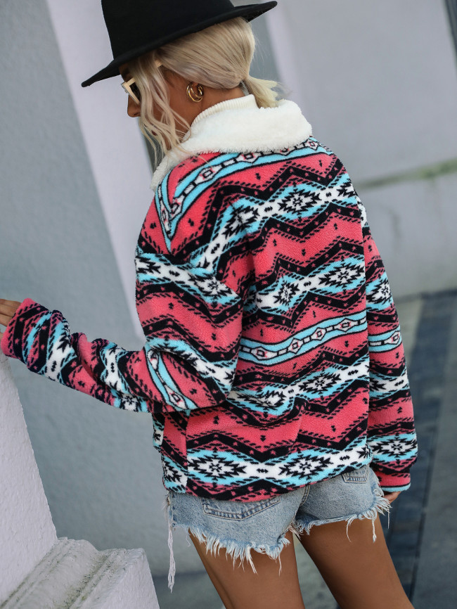 Women's Jacket Zipper Long Sleeve Lapel Colorblock Geometric Print Loose Fuzzy Aztec Jacket