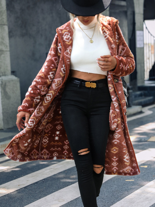 Geometric Print Single Breasted Oversized Hooded Long Sleeve Soft Aztec Jacket Coat