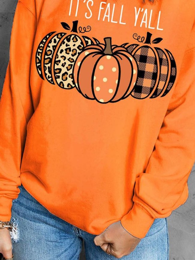 Orange Pumpkin Print Plain Crew Neck Pullover Sweatshirt