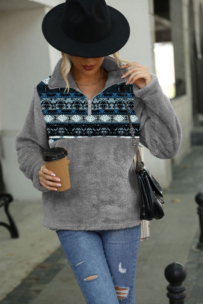 Women's Sweatshirt Geometric Print Zipped Up Stand Collar Long Sleeve Soft Comfy Fuzzy Sweatshirt
