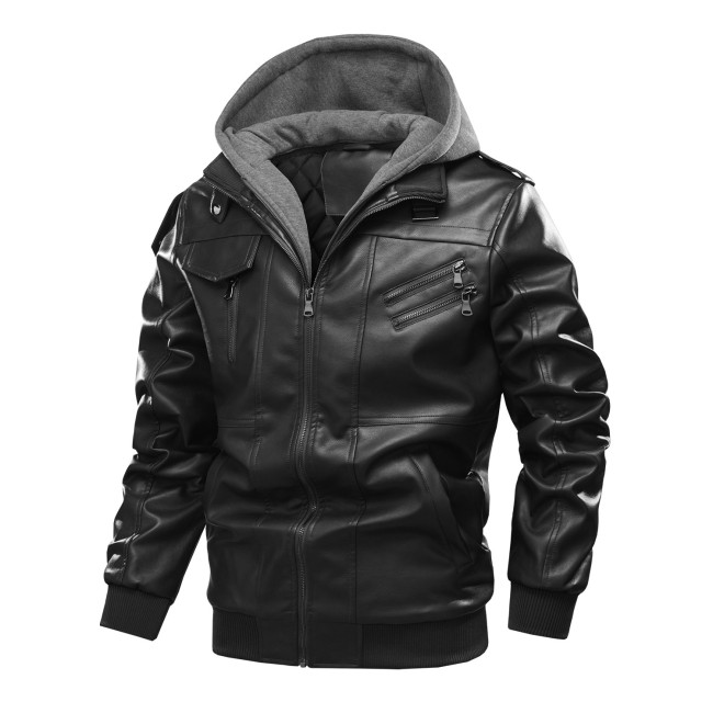 Motorcycle PU Leather Jacket Cotton Warm Men's Jacket Detachable Hooded Plus Size Jacket