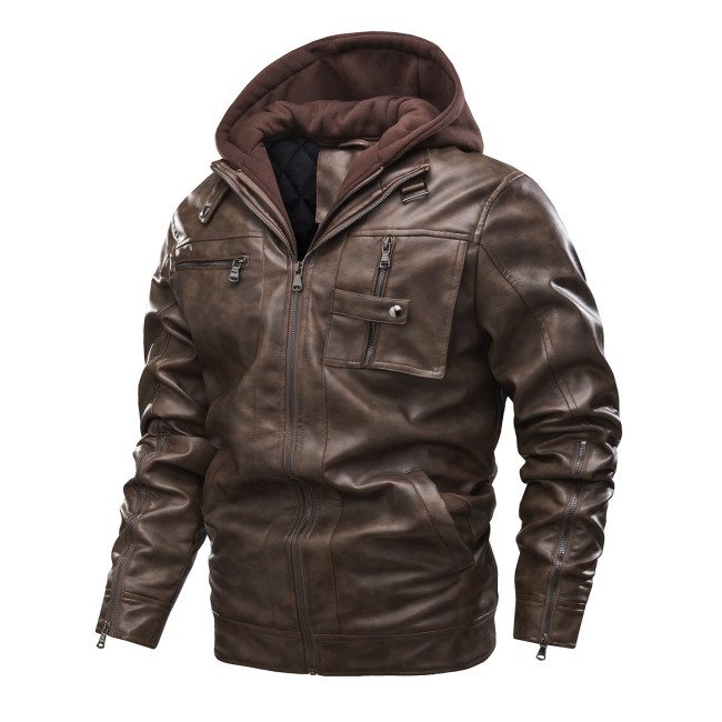 Motorcycle PU Leather Jacket Zipper Up Men's Jacket Detachable Hooded Plus Size Jacket
