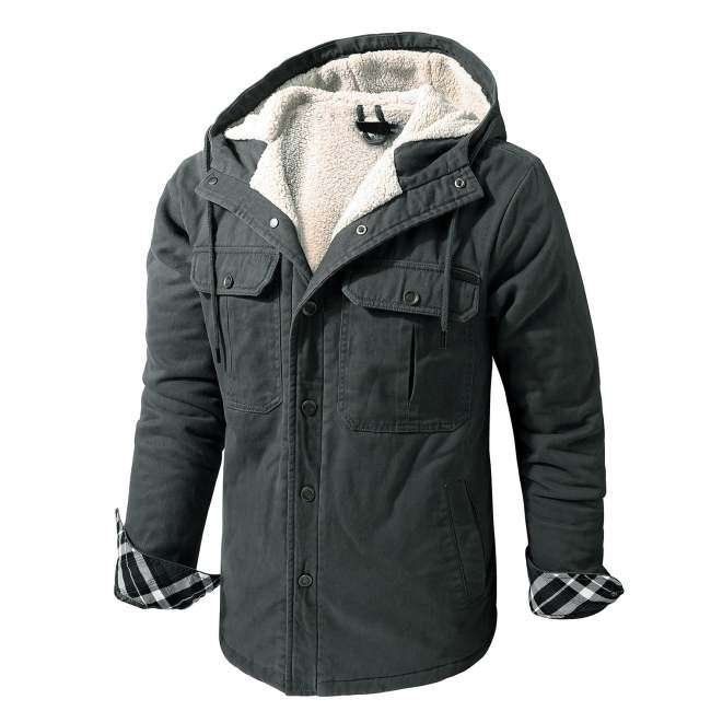 Men's Sherpa Lined Fleece Hooded Washed Cotton Shirt Jacket with Front Pocket
