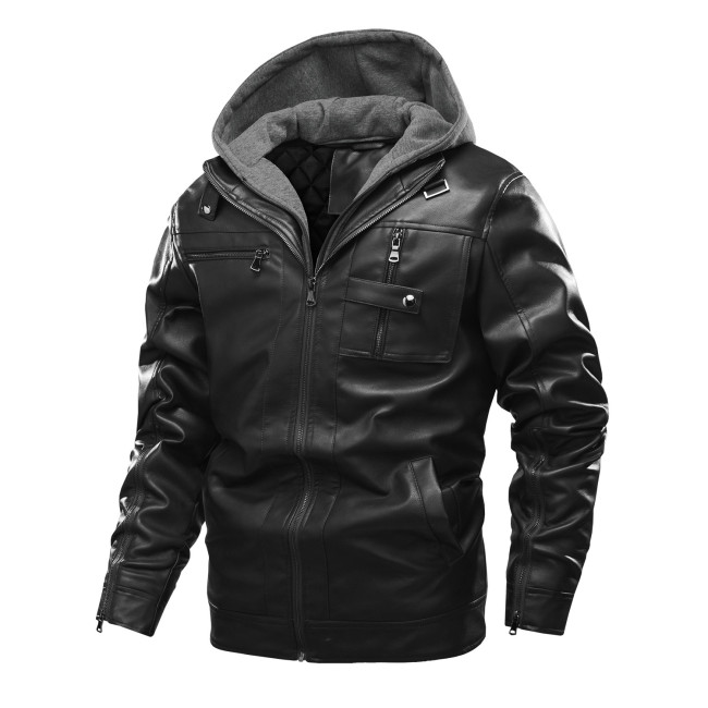 Motorcycle PU Leather Jacket Zipper Up Men's Jacket Detachable Hooded Plus Size Jacket