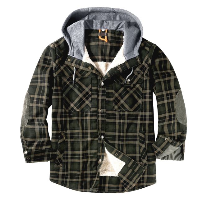 Men's Jacket Button Down Warm Hooded Fleece Fuzzy Plaid Jacket Coat