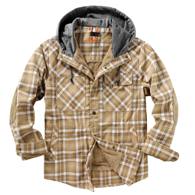 Men's Jacket Button Down Warm Hooded Fleece Fuzzy Plaid Jacket Coat