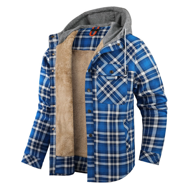 Men's Jacket Button Down Warm Hooded Fleece Fuzzy Plaid Jacket Coat