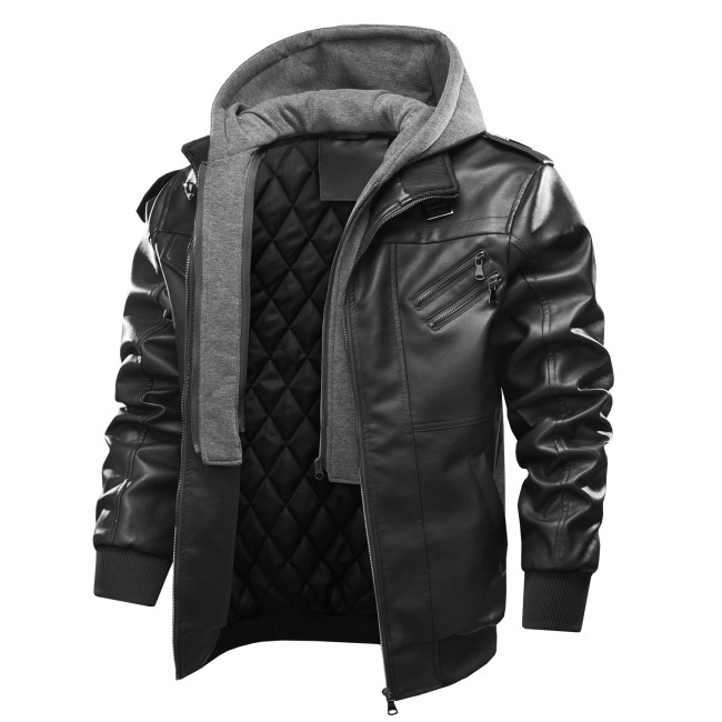 Motorcycle PU Leather Jacket Cotton Warm Men's Jacket Detachable Hooded Plus Size Jacket