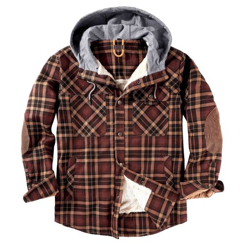 Men's Jacket Button Down Warm Hooded Fleece Fuzzy Plaid Jacket Coat