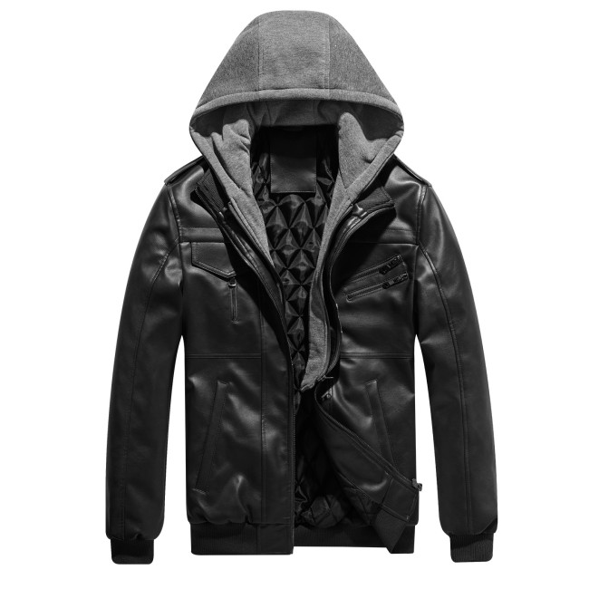 Motorcycle PU Leather Jacket Cotton Warm Men's Jacket Detachable Hooded Plus Size Jacket