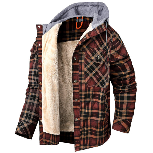 Men's Jacket Button Down Warm Hooded Fleece Fuzzy Plaid Jacket Coat