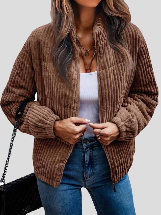 Women's Jackets Solid Zip Long Sleeve Corduroy Jackets