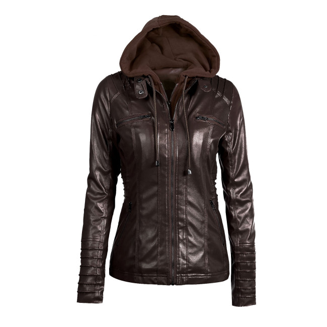 Women's Removable Hooded Faux Motorcycle  Pu Leather Jacket