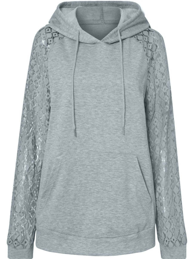 Lace Raglan Sleeve Drawstring Hoodie with Front Pocket