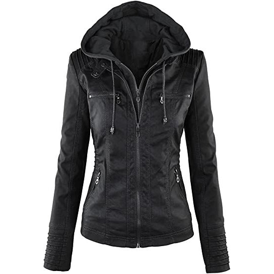 US$ 49.99 - Women's Removable Hooded Faux Motorcycle Pu Leather Jacket - www.zicopop.com