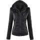 Women's Removable Hooded Faux Motorcycle  Pu Leather Jacket