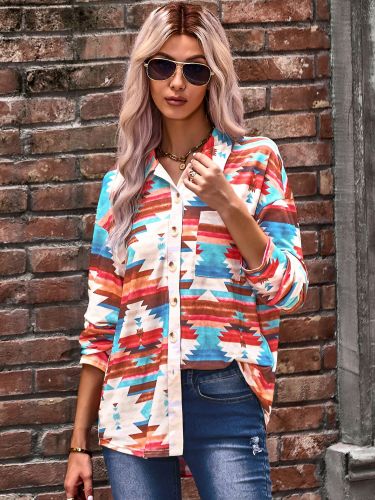 Western Style Aztec Printed Button Down Dropped Shoulder Shirt