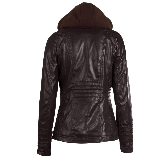 Women's Removable Hooded Faux Motorcycle  Pu Leather Jacket