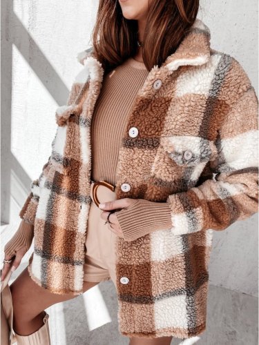 Women's Jackets Check Plaid Double Pocket Long Sleeve Plush Jacket