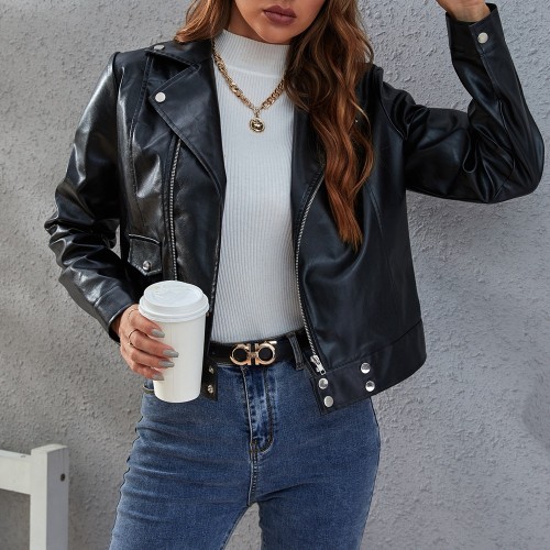 Women's PU Jacket Motorcycle PU Leather Jacket Lapel Zipper Up Jacket Coat