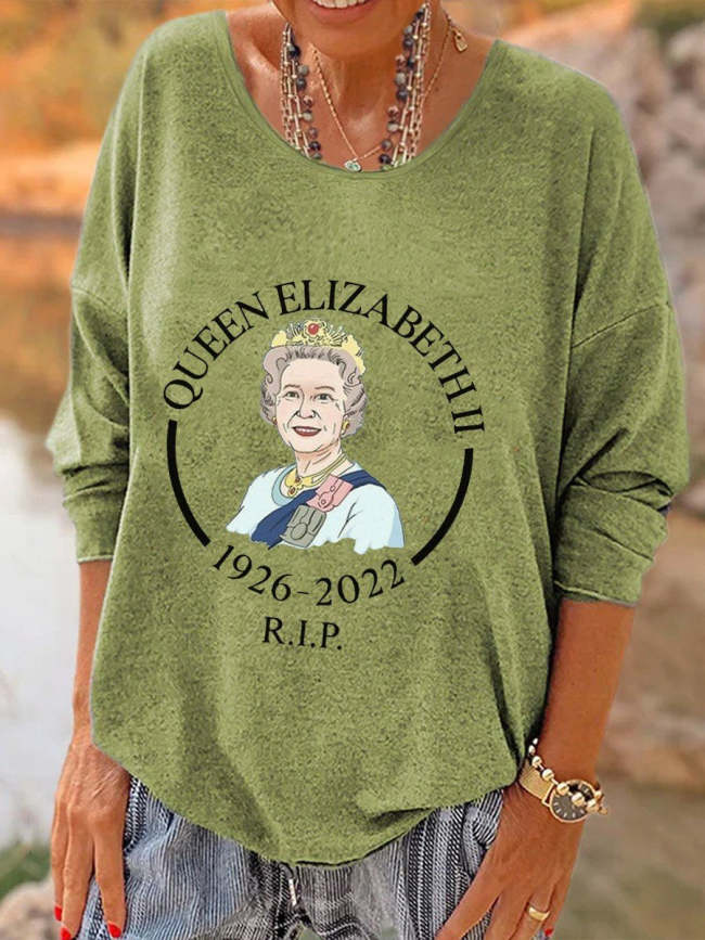 Women's Queen Elizabeth II Flowers Pattern Casual Long Sleeve Crew Neck T-Shirt Top