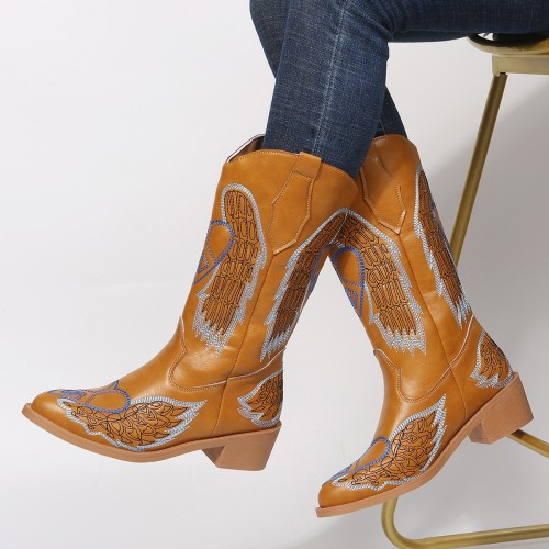 Chunky Heel Western Cowboy Boots Embroidered Rider Boots Vintage Mid Tube Women's Fashion Boots