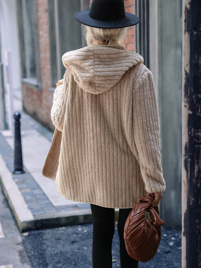 Women's Fleece Coat Loose Long Sleeve Striped Hooded Fleece Cardigan