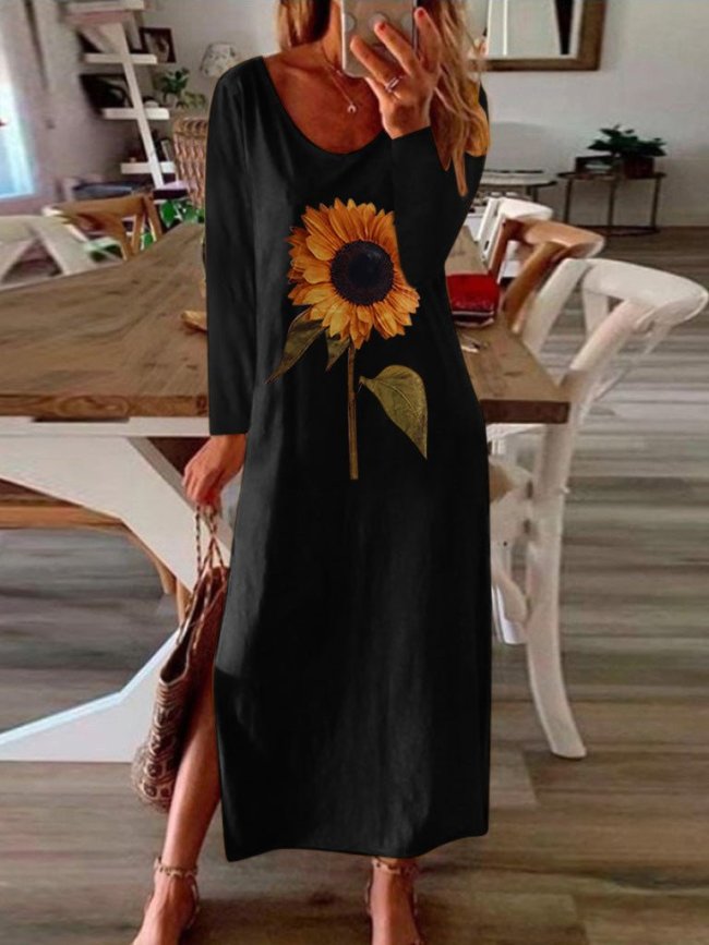 Women's Dresses Sunflower Print Slit Long Sleeve Dress