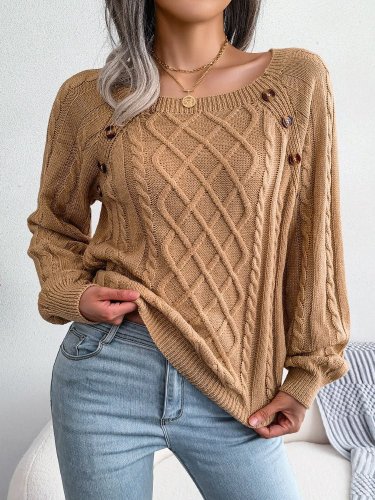 Women's Sweaters Square Neck Button Long Sleeve Sweater