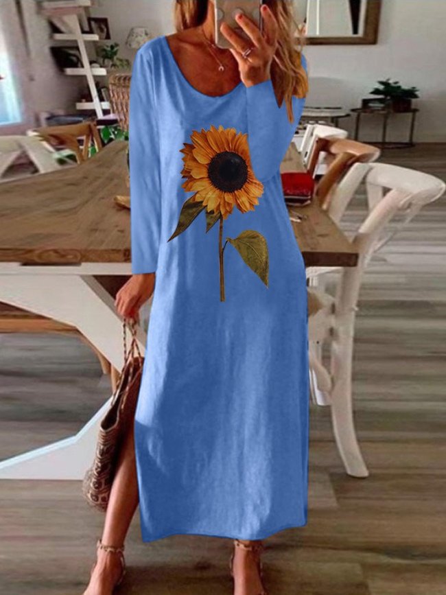 Women's Dresses Sunflower Print Slit Long Sleeve Dress